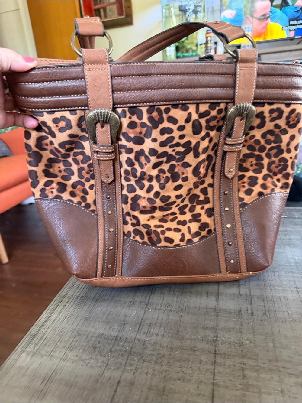 Justin Boots Brown Leopard Print Tote with Brown Trim